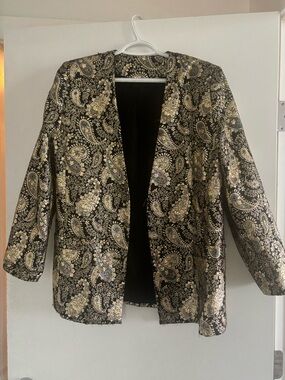 Women's Black and Gold Paisley Open Front Jacket